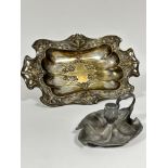 A German plated presentation Art Nouveau style scalloped dish with pierced mask handles to side with