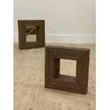 Two modern bamboo framed square mirrors with deep recessed panes, each with two hooks for wall