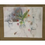 Hazel Restall, Still Life with a Vase of Tulips and Two Carafes, pencil and watercolour, signed