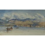 C M, Figures on a Lake in Sailboat and Rowing Boat with Military Defensive Station with Hills and