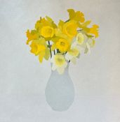 Christine Plumber, Vase of Daffodils, oil on canvas, in pine moulded 1960s style frame, inscribed