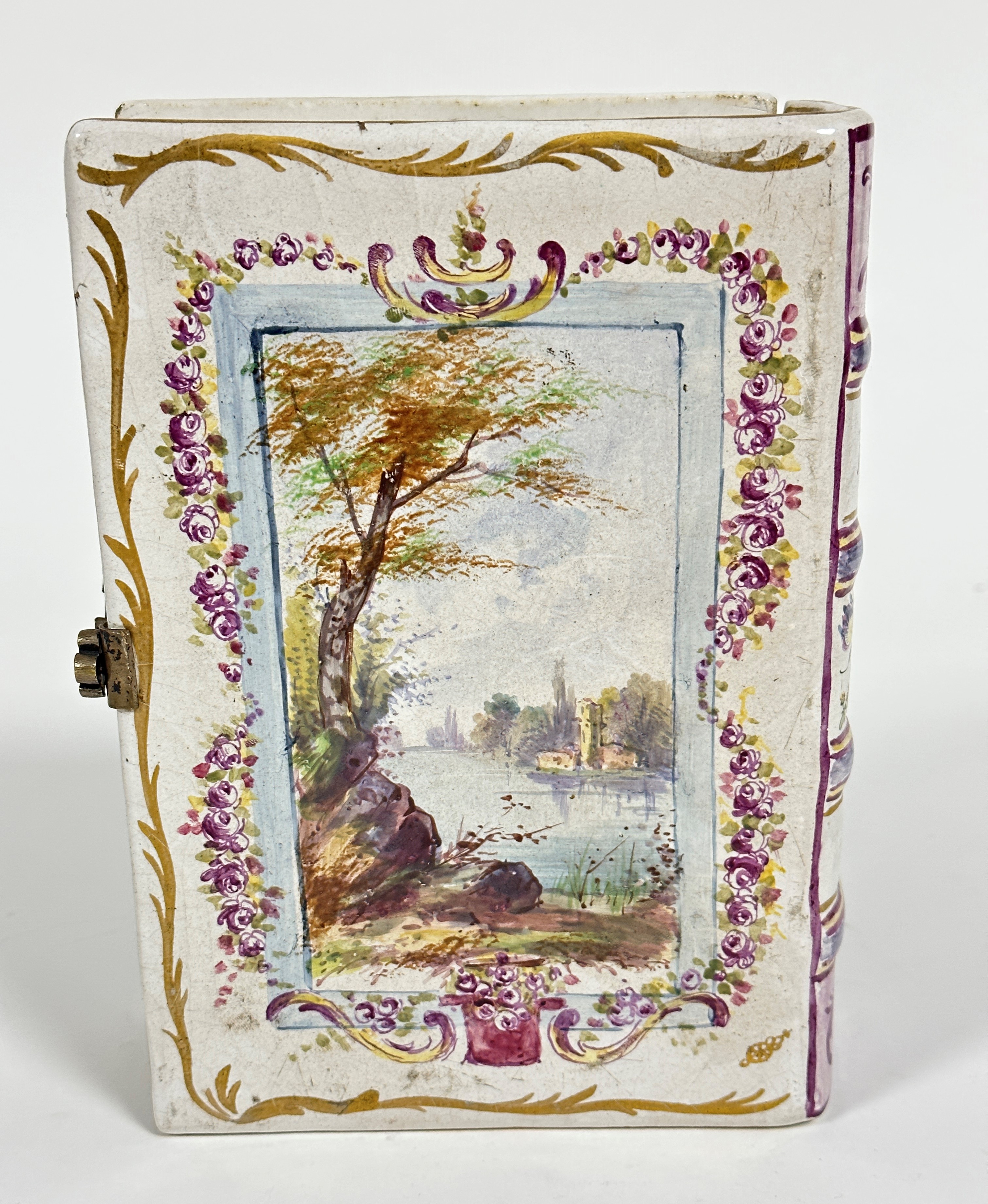 An early 19thc French faience pottery box in the form of a hinged book, the cover with cast white - Image 3 of 10