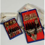 A set of eight R.Thai Bronze Maker's of Bangkok horn handled pastry forks (16cm) and a set of