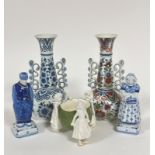 A pair of modern Delft slim neck baluster vases with scrolling handles to side, one decorated in