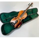 An 18thc style satin wood one-piece violin with inlaid box border, complete with mother of pearl