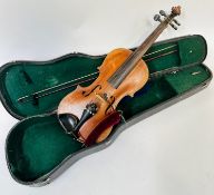 An 18thc style satin wood one-piece violin with inlaid box border, complete with mother of pearl