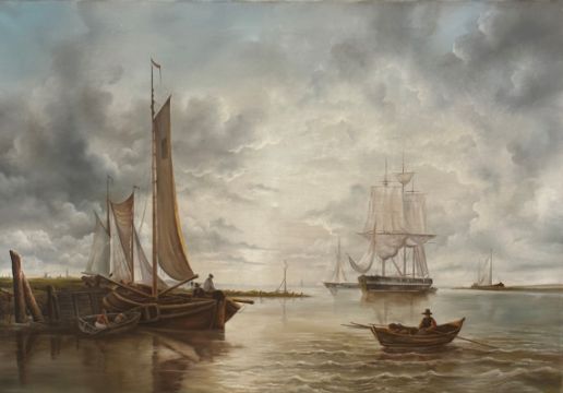 Dutch School, Three Masted Sailing Ship off the Coast, oil on canvas, unsigned, in painted