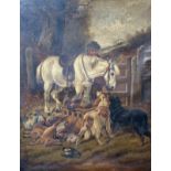 Continental School, The Farrier, oil on canvas, unsigned, losses to paint, hole to canvas, in gilt