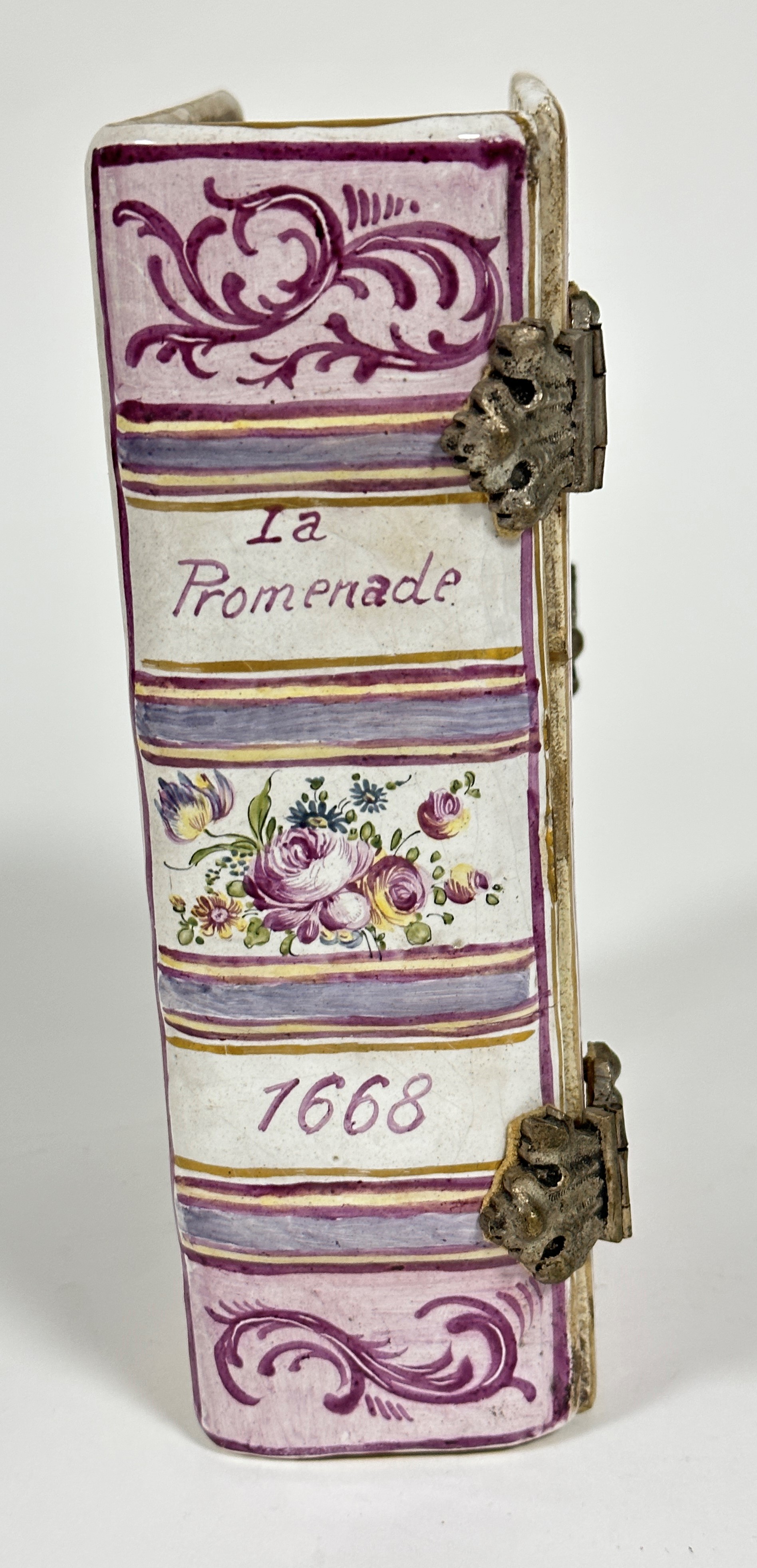 An early 19thc French faience pottery box in the form of a hinged book, the cover with cast white - Image 2 of 10
