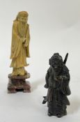 A Chinese carved soapstone figure of the Immortal Zhang Guo (h- 20cm) together with a brass/bronze