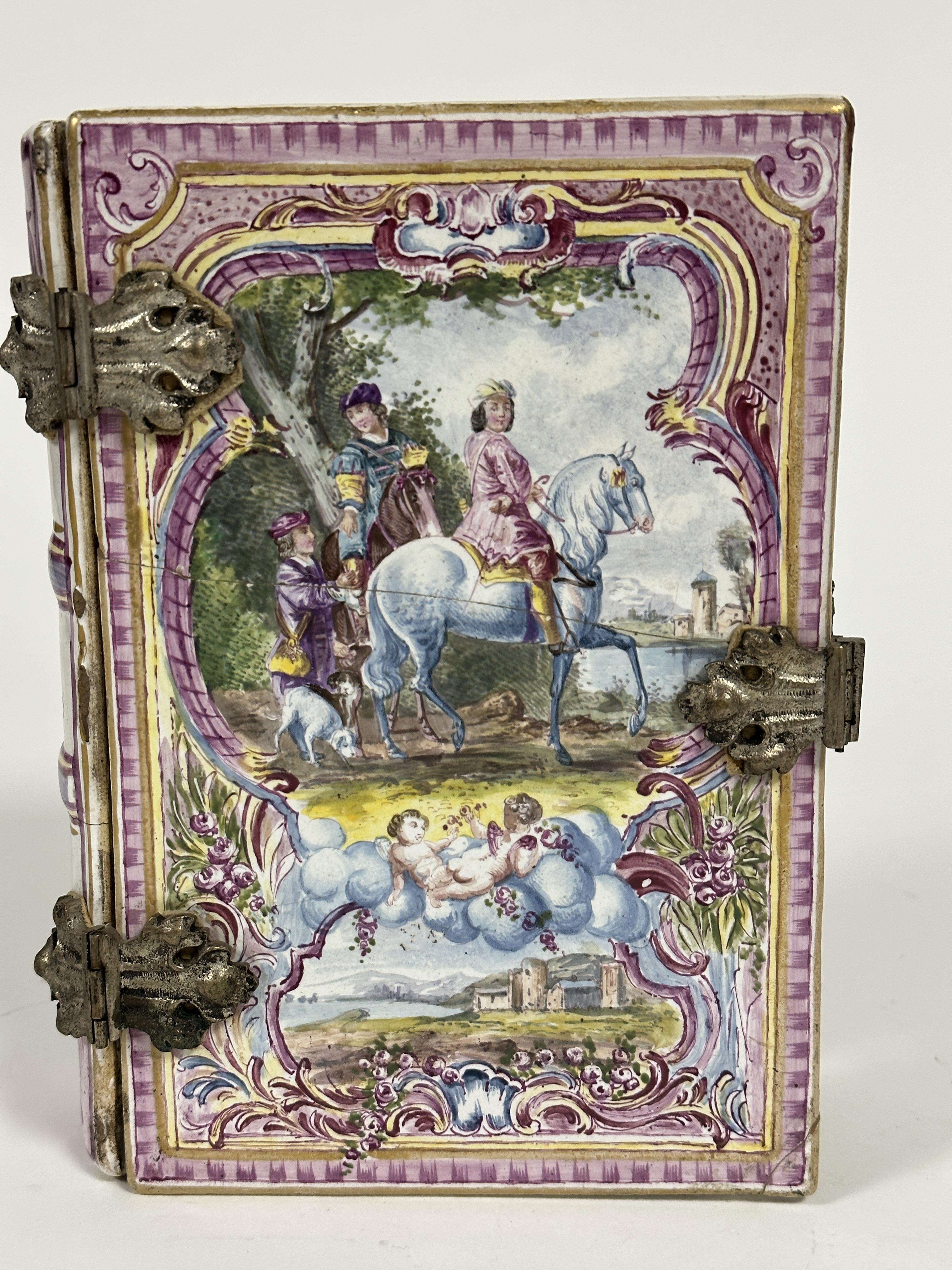 An early 19thc French faience pottery box in the form of a hinged book, the cover with cast white - Image 6 of 10