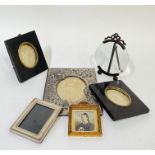 A group of photo frames comprising a pair of rectangular ebonised frames with brass insets (h- 13.