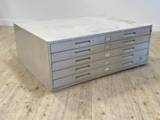 A stamped aluminium five drawer plan chest H52cm, W140cm, D100cm