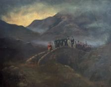 Unknown artist, 19thc Scottish School, Highland Funeral with Mourners and Piper, oil on canvas in
