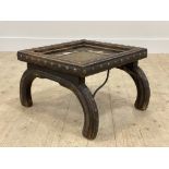 An Indian brass and iron mounted stained hardwood lamp table, H30cm, W56cm, D43cm