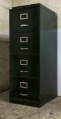 A mid century green pained stamped aluminium four drawer hanging filing cabinet, H132cm, W47cm,