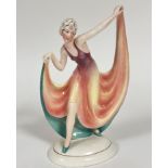 A Katzhutte large Art Deco style Dancing Figure in Evening Dress, in puce, yellow and pink with