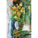 Trish Long (?), Vase of Tulips, oil on canvas, in pine stained frame, signed bottom right (59cm x