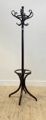 A vintage bentwood coat and hat stand, five 'S' scrolled hooks, four splayed supports, H195cm