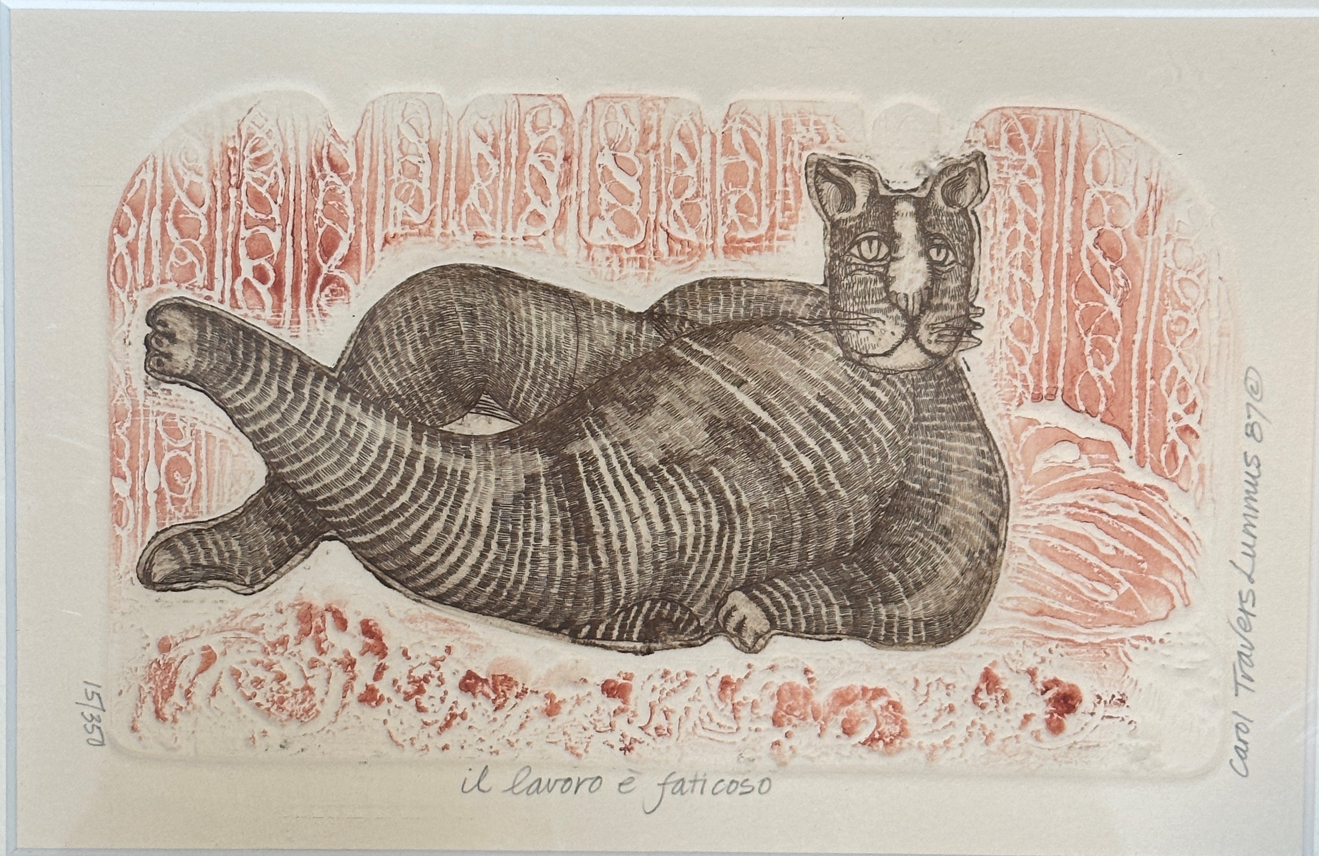 Carol Travers Lummus (American, 1937- ), il lavoro e faticoso, engraving highlighted with colour