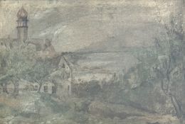 F.M.B., Northern European Study of a Church in Rural Landscape, watercolour, signed with initials,