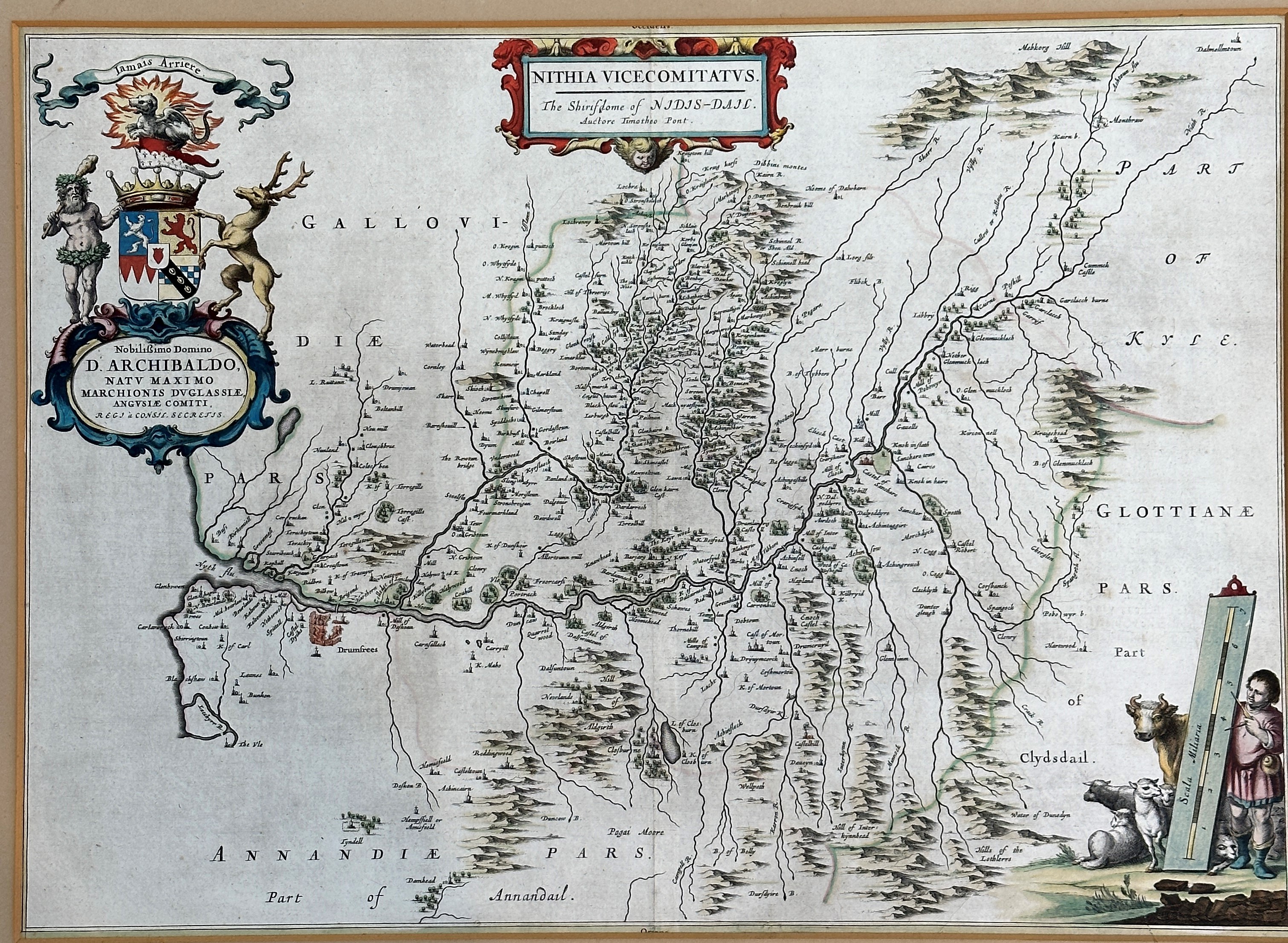 D. Archibaldo, The Sherdom of Annandale and Galloway, 18thc print, highlighted with colour,