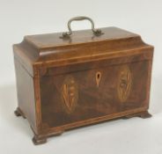 A George III mahogany inlaid caddy topped tea caddy with brass swan neck handle to top and