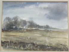 J.S.M. (?), Rural Scene with Distant Buildings in Autumn, watercolour, in silver glazed mounted