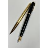 A modern gilt metal fountain pen, (including cap L: 13cm) and a vintage Parker black plastic