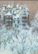 Bernie O'Donnell (Scottish), Edinburgh in the Snow, Ramsay Gardens and Princes Street, acrylic on