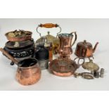 A collection of 19thc and later copper and brassware including a Victorian brass tea kettle with