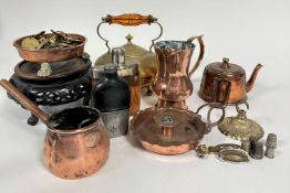 A collection of 19thc and later copper and brassware including a Victorian brass tea kettle with
