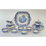 A blue and white Copeland Spode Rhine style tea service comprising, six teacups, a milk jug, a sugar