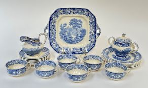 A blue and white Copeland Spode Rhine style tea service comprising, six teacups, a milk jug, a sugar