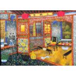 Peng Jun, A Chinese modern Interior Scene with Cats, oil on canvas, signed bottom right, in ebonised