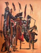 Russel, Masai Warriors, oil on panel, signed bottom right and dated '06, in stained frame (97cm x