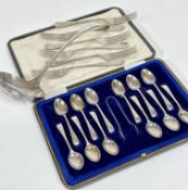 A set of twelve Epns engraved teaspoons complete with fitted case, an Epns soup ladle and a set of