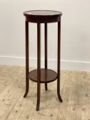 An Edwardian inlaid mahogany torchere, the circular top raised on square section splayed supports