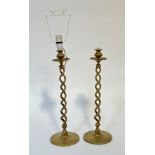 A pair of brass table lamps in barely twist style. (h- 47cm) (a/f) (2)
