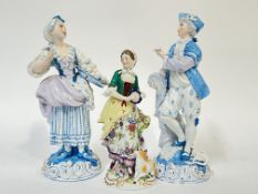 A pair of Dresden porcelain blue figures of a man and woman, the woman with a fruit basket and