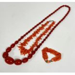 A rust coloured graduated amber bead necklace, (L: 37cm, largest bead 3cm x 2cm) (67.8g) a coral