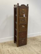 A stained walnut and pine office index cabinet, late 19th century, fitted with five drawers, stile