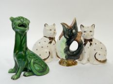 A pair of modern Staffordshire style cats with crackle glaze and gilding (h- 19.5cm) together with a