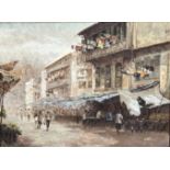Chen Yong Jun, Singapore Street Scene with Figures, oil on canvas, signed bottom left, in stained