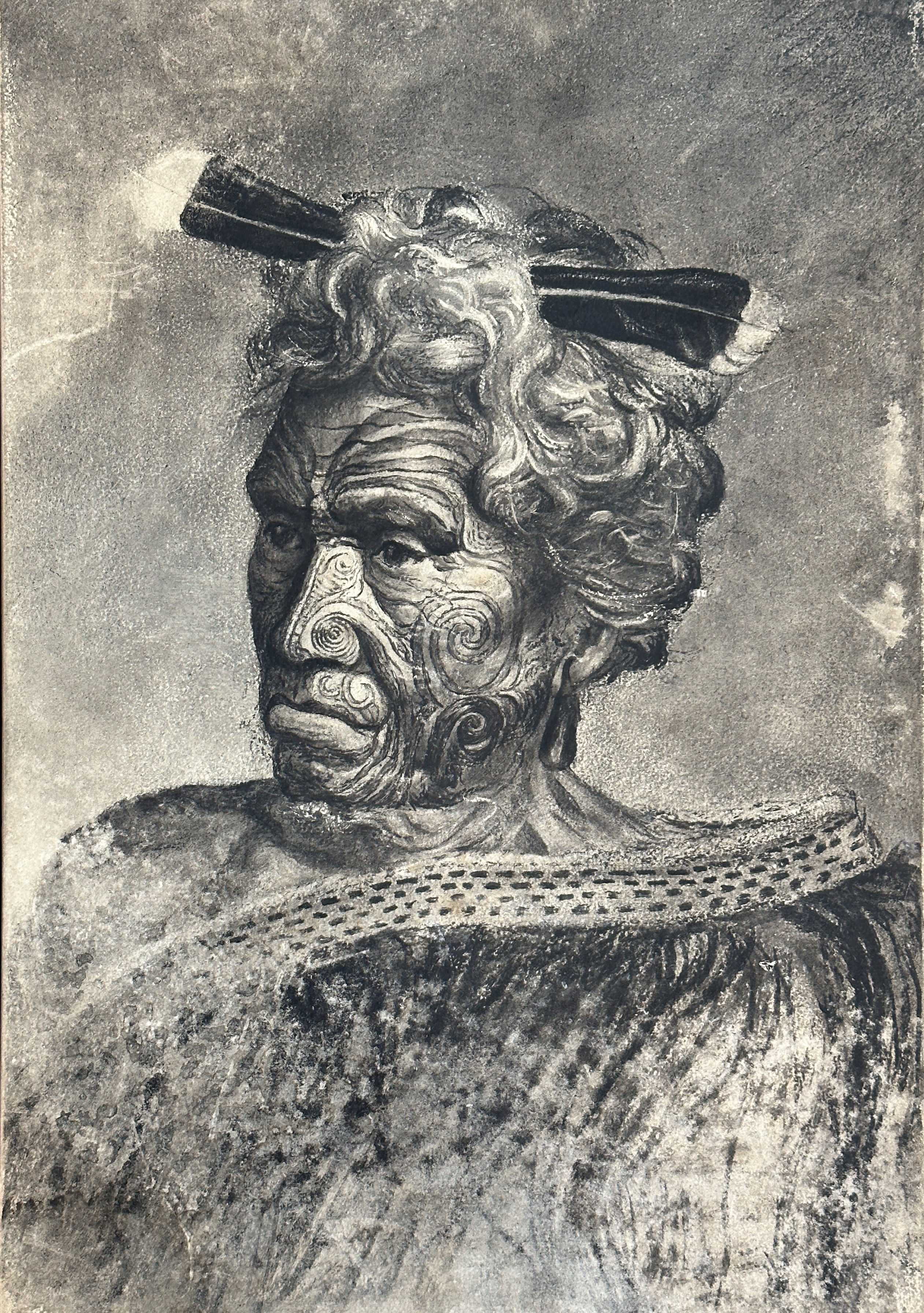 Maori School, Portrait of a Maori Gentleman with Feather, pastel, highlighted with chalk, in