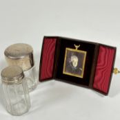 A crystal London silver mounted hinged top perfume bottle complete with original glass stopper,