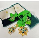 A group of gilt metal and enamelled Maltese Cross regalia on satinised silk style green ribbon,