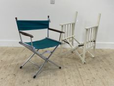 A chrome plated tubular folding directors style chair, with green canvas seat and back rest, (H82cm)