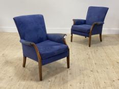 Parker Knoll, a pair of blue suede upholstered easy chairs, H80cm, W68cm, D68cm