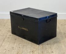 A late 19th century black japanned tin uniform trunk, the hinged lid opening to a plain interior,
